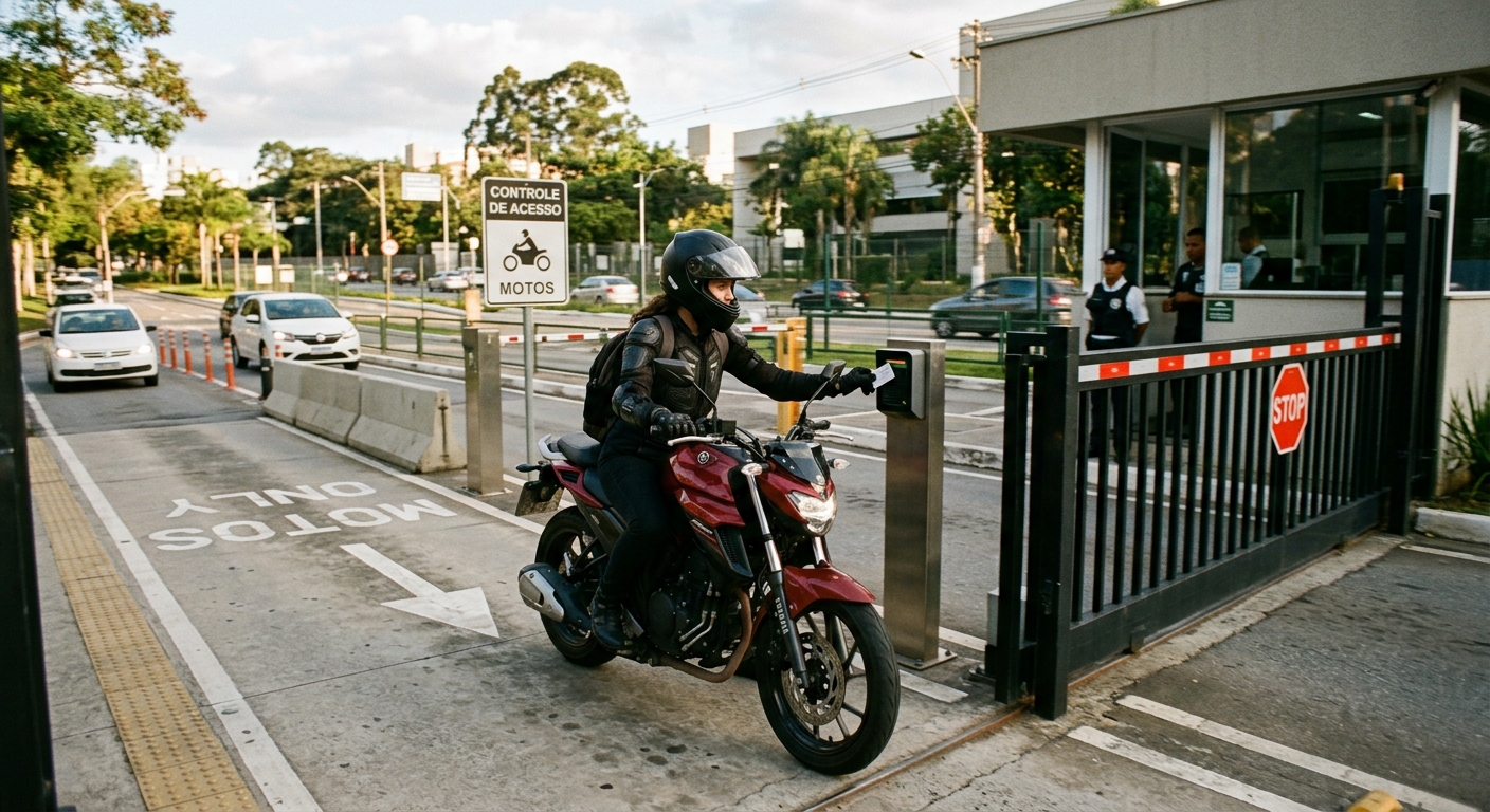Motociclista com capacete aproximando o cartão de acesso no leitor na entrada de motos de um condomínio