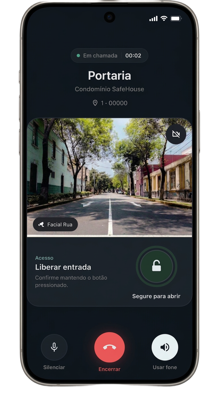 Celular exibindo chamada de interfonia da portaria no aplicativo SafeHouse, com opção de liberar a entrada