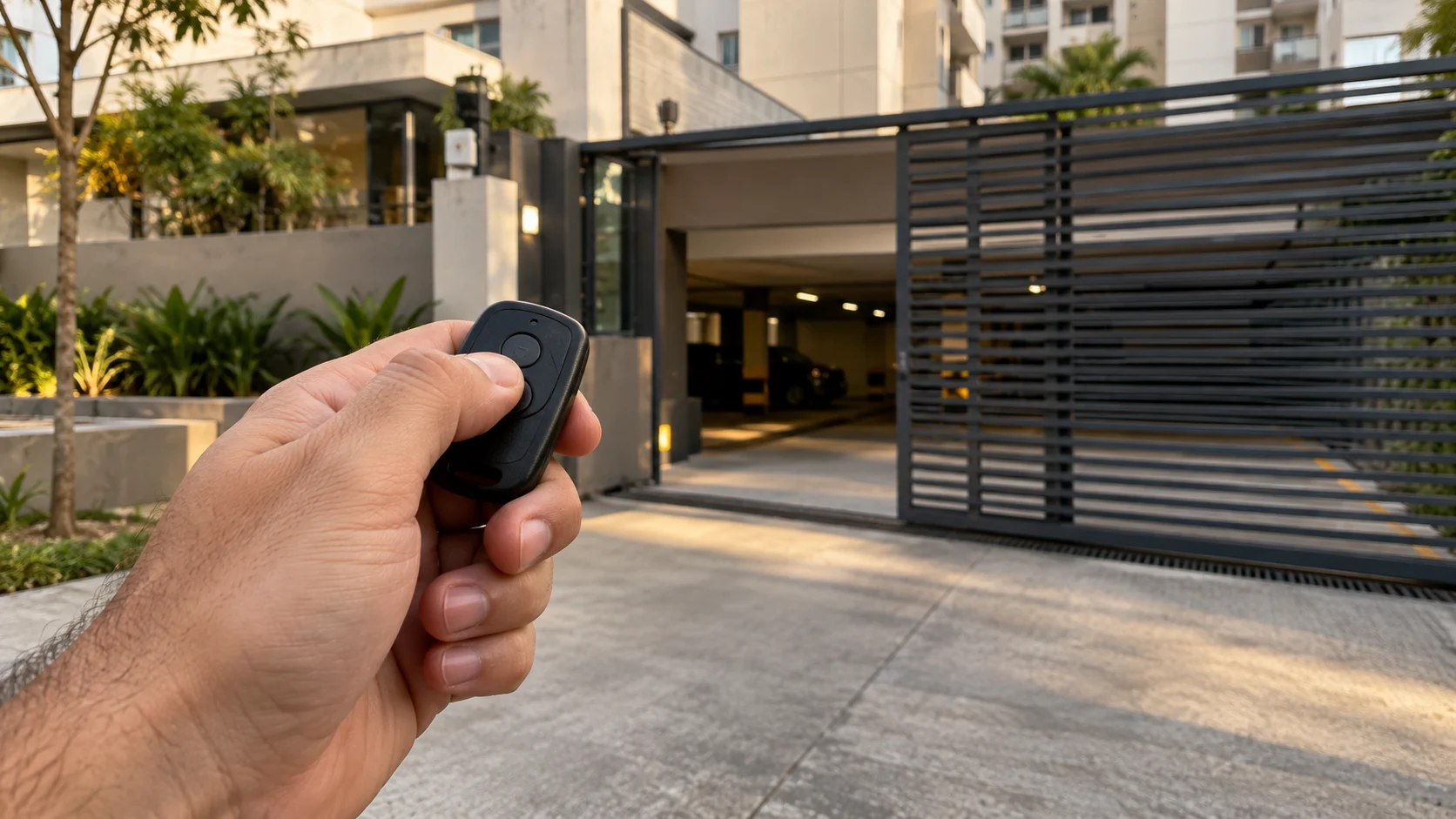 Controle remoto utilizado para abrir o portão da garagem de um condomínio