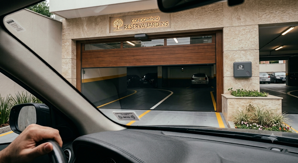Vista de dentro de um carro se aproximando da entrada da garagem de um condomínio, com tag RFID adesivada no para-brisa, portão de madeira parcialmente aberto e leitor de acesso ao lado