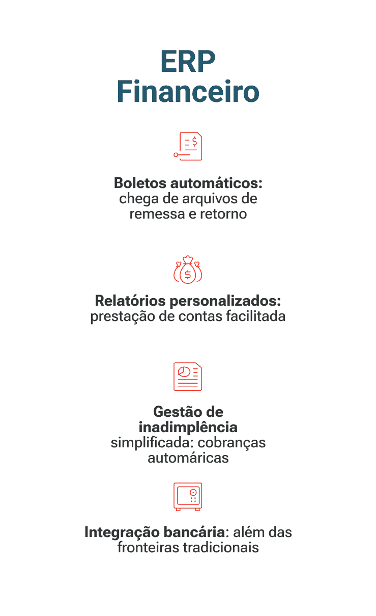 ERP FINANCEIRO Boletos atomáticos: Chega de arquivos remessa e retorno Gestão de inadimplentes simplificada: Cobranças automáticas Integração Bancária completa: Além das fronteiras tradicionais Relatórios personalizados: Prestação de contas facilitada