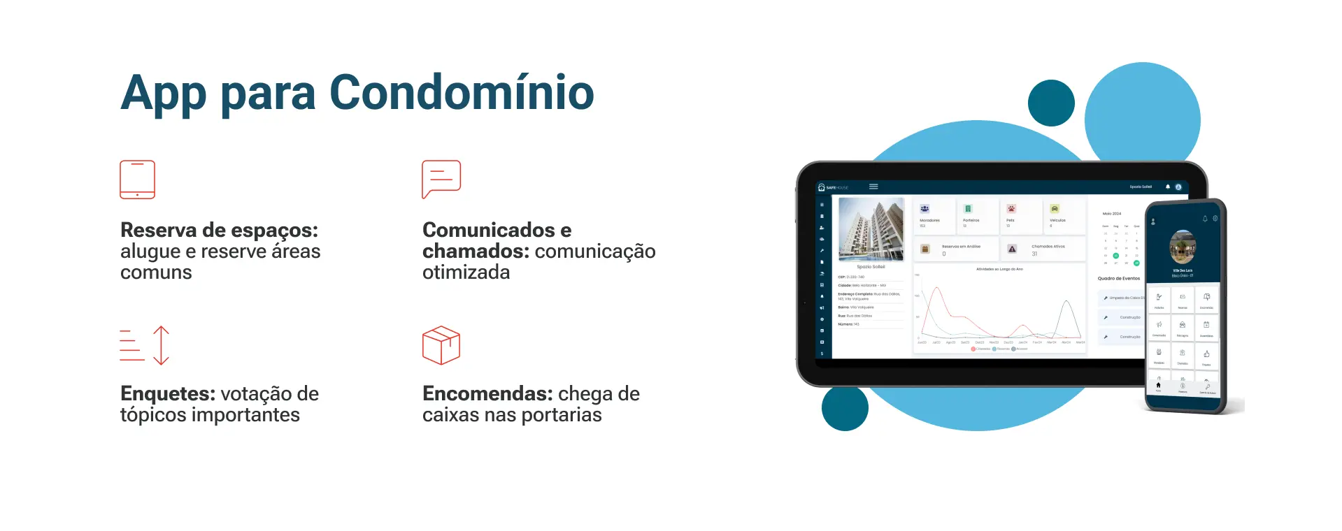 Tela com computador e celular, mostrando o aplicativo SafeHouse App na parte de gestão financeira de condomínio e demais soluções condominiais