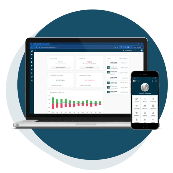 Sistema de Administração Financeira de Condomínios em um computador mostrando as soluções condominiais que a SafeHouse oferece